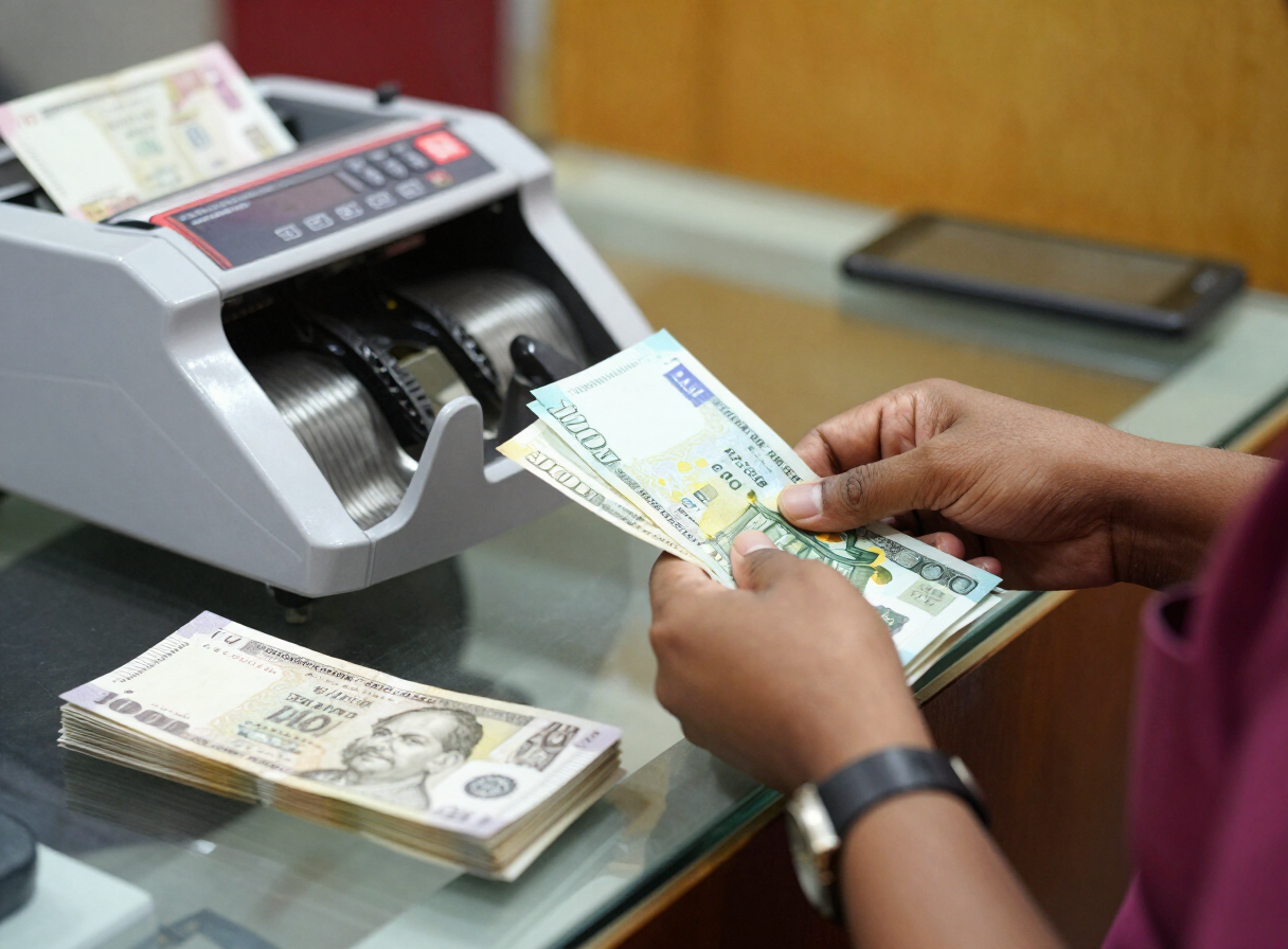 Teller counting US dollar and euro notes beside Indian Rupee at the LKN Forex counter